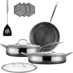 Frying Pan Set,Hybrid Pots and Pans Set,2.5/4/6.5QT Frying Pan,Non Stick 10 Piece Tri-play Cookware Sets,Non-toxic Pan with Tempered Glass Lids,Stay Cool Handles,Induction Dishwasher&Oven Safe