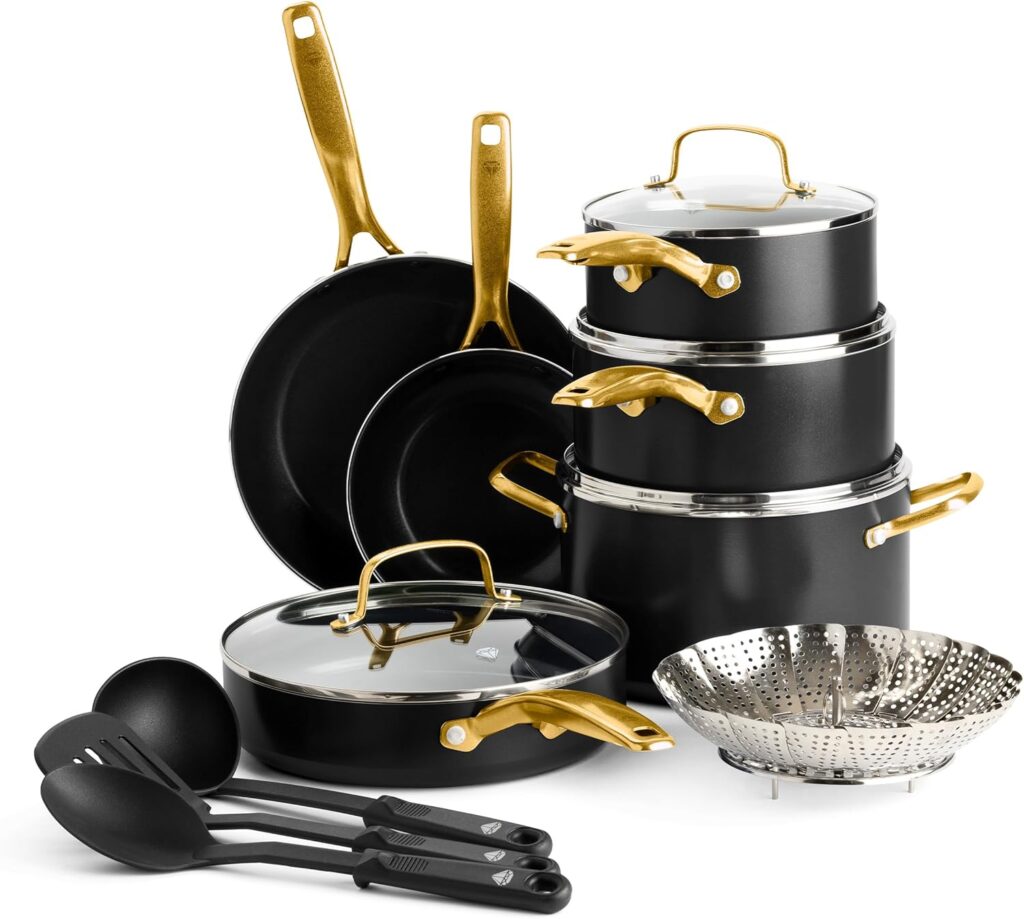 Blue Diamond 14 Piece Induction Nonstick Cookware Set, Diamond Infused PFAS-Free Ceramic Nonstick Pots & Pans, Durable Metal Utensil Safe, Dishwasher Safe, Oven & Broiler to 600F, Black/Gold