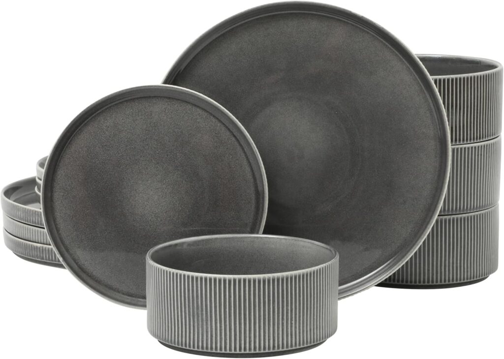 Gibson Elite Solana Coast 12 Piece Stoneware Reactive Glaze (Service for 4) Ceramic Plates and Bowls Modern Shape Embossed Dinnerware Set – Black