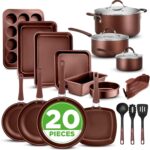NutriChef 20 Piece Professional Home Kitchen Cookware and Bakeware, Pots and Pans Set Non Stick Kitchenware, Cool-Touch Handles, Safe for Gas, Electric, Induction Cooktops, Easy Clean, Brown