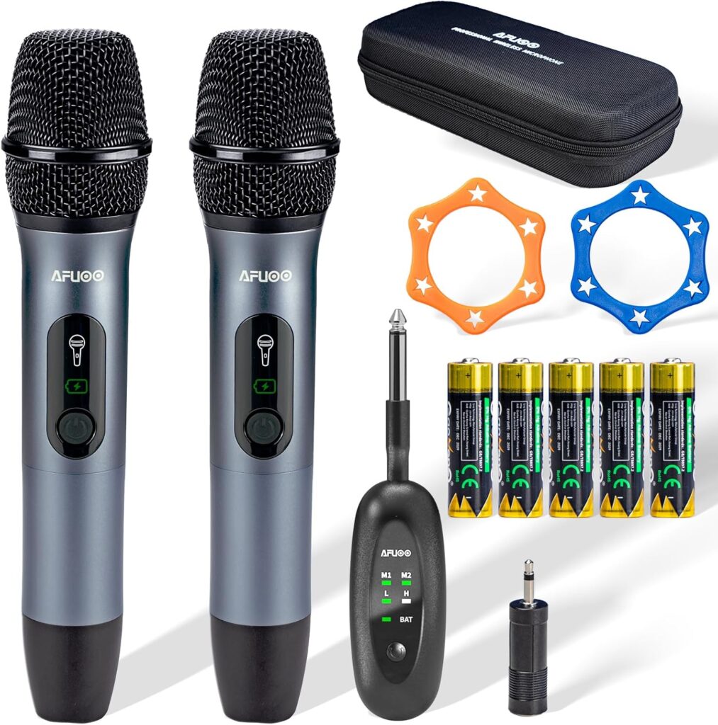 Wireless Microphone Set for Singing, Speeches & Events, 2.4GHz Dual-Mic Receiver, 200ft, Storage Bag Included, Metal Cordless Mic 2 Pack for Karaoke Machines, PA Systems, PartyBox, Gray-Blue