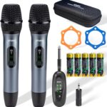 Wireless Microphone Set for Singing, Speeches & Events, 2.4GHz Dual-Mic Receiver, 200ft, Storage Bag Included, Metal Cordless Mic 2 Pack for Karaoke Machines, PA Systems, PartyBox, Gray-Blue