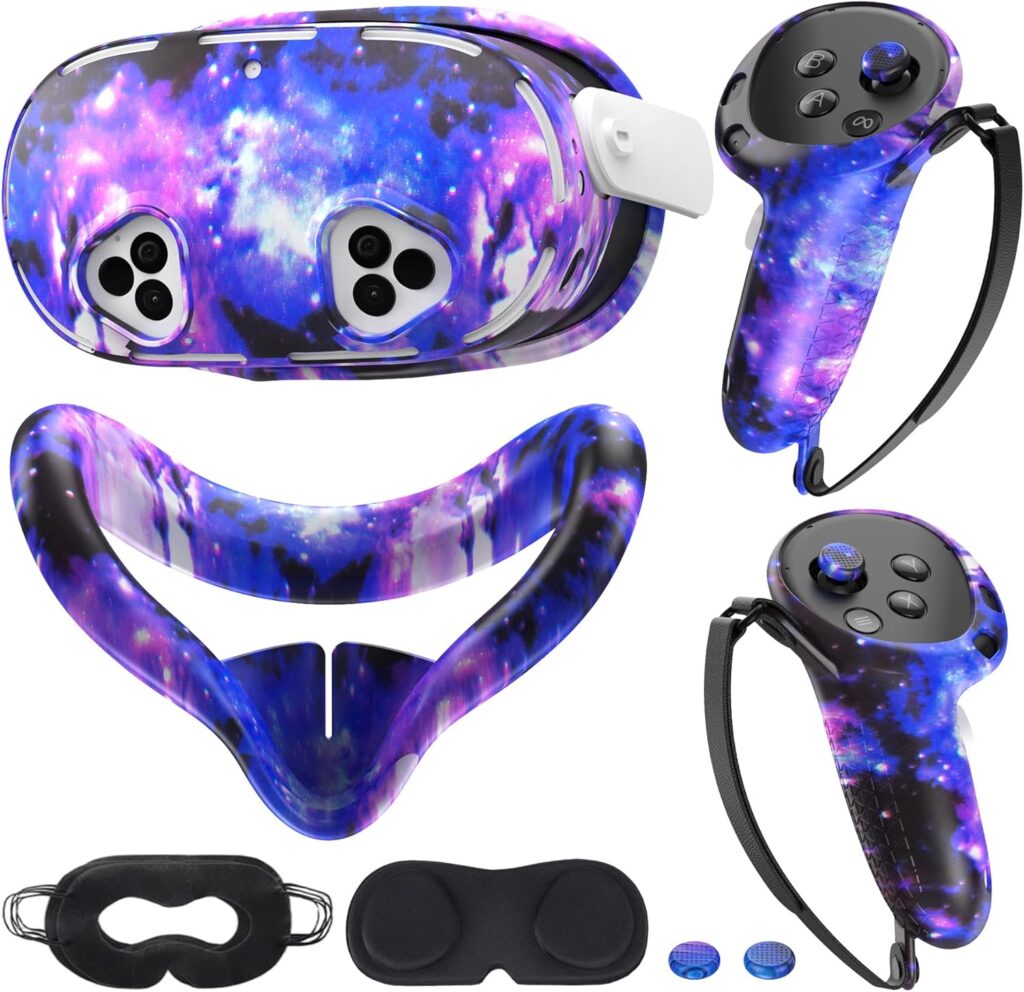 Silicone Cover Set Compatible with Meta/Oculus Quest 3s Accessories, VR Silicone Face Cover, VR Shell Cover,Touch Controller Grip Case,Camera Lens Protector Set (Starry Purple)