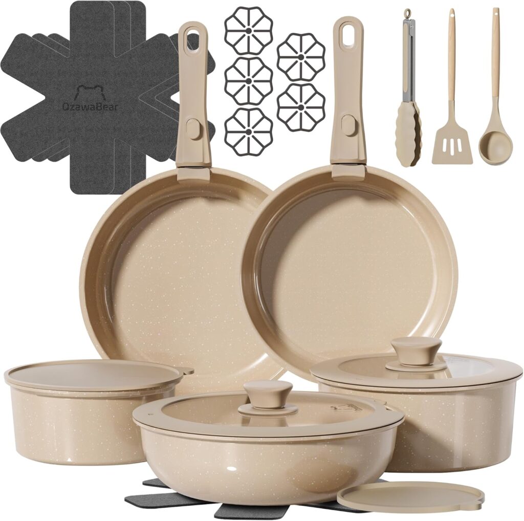 23 Pcs Pots and Pans Set Non Stick, Ceramic Cookware Set Non Toxic with Detachable Handles, Healthy Induction Cookware Oven Safe RV Kitchen Set, PFAS PFOA & PTFE Free, Taupe