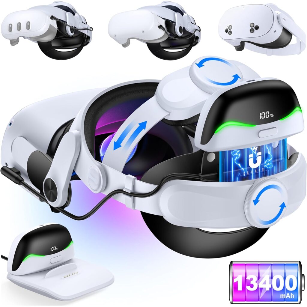 Battery Head Strap for Meta Quest 3/3S/2 with Magnetic, Detachable & Hot-Swappable 2×6700mAh Batteries and Charging Dock, Extends 4–6H Playtime, Comfortable VR Headset Strap – MQ4002