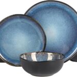 Gibson Elite Nardini 12 Piece (Service for 4) Plates and Bowls Reactive Glaze Dishes Stoneware Ceramic Dinnerware Set – Black and Blue