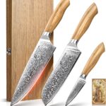 Emojoy Damascus Kitchen Knife Set, 3 PCS Japanese Chef Knife Set, 67-Layers Damascus Knife with Original Olive Wood Handle, Include Wooden Gift Box