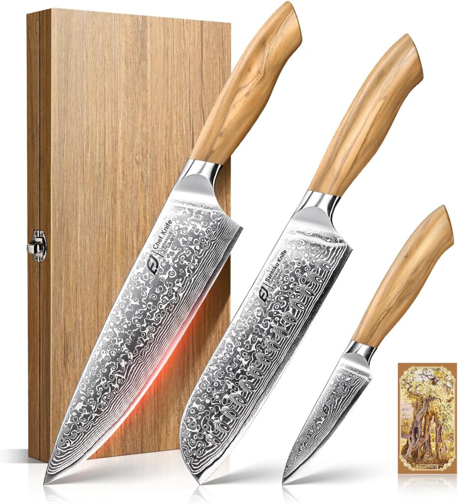 Emojoy Damascus Kitchen Knife Set, 3 PCS Japanese Chef Knife Set, 67-Layers Damascus Knife with Original Olive Wood Handle, Include Wooden Gift Box
