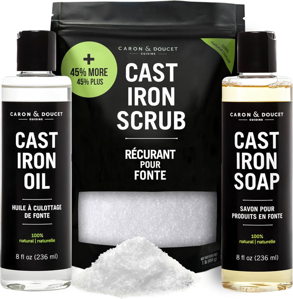 CARON & DOUCET – New Ultimate Cast Iron Set: Seasoning Oil, Cleaning Soap & Restoring Scrub | 100% Plant-Based & Best for Cleaning Care, Washing, Restoring & Seasoning Skillets, Pans & Grills!