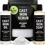 CARON & DOUCET – New Ultimate Cast Iron Set: Seasoning Oil, Cleaning Soap & Restoring Scrub | 100% Plant-Based & Best for Cleaning Care, Washing, Restoring & Seasoning Skillets, Pans & Grills!