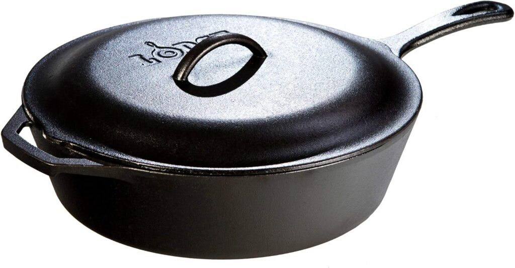 Lodge 5 Quart Pre-Seasoned Cast Iron Deep Skillet with Lid – Signature Teardrop Handle & Assist Handle – Use in the Oven, on the Stove or Grill, or Over a Campfire – Use to Sear, Sauté, Bake, Broil, Braise, Fry, or Grill – Black