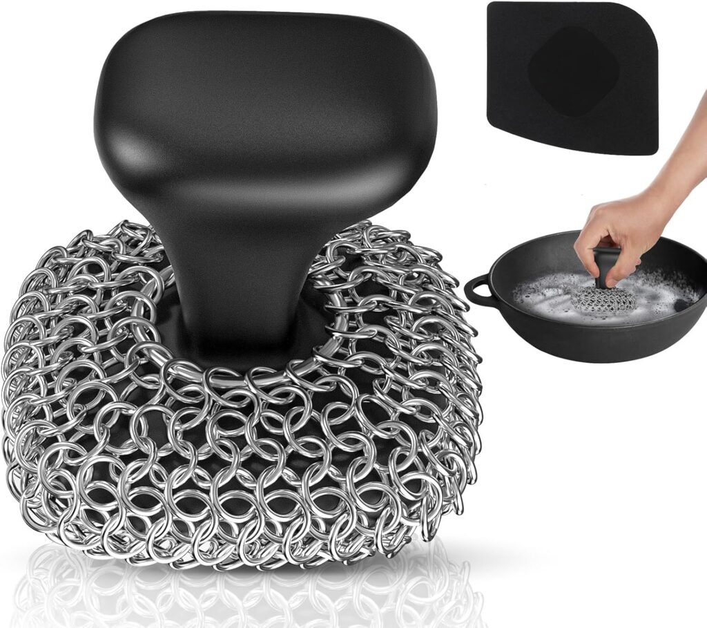 Cast Iron Scrubber | Dish Scrub Brush | 316 Cast Iron Cleaner Chainmail Scrubber for Pan Skillet Cleaner – Dish Scouring Pad Dishwasher Safe Cleaning Kit, Black 03
