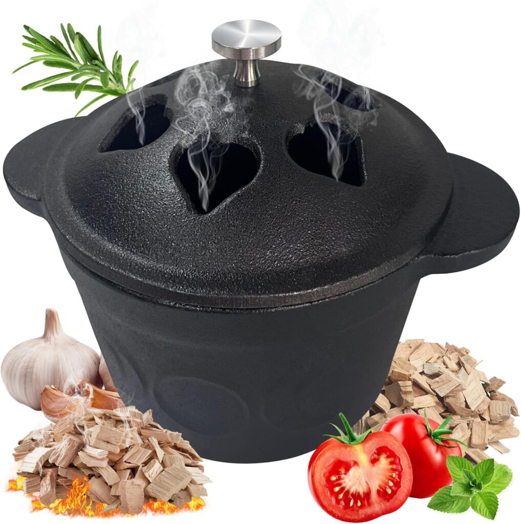 Cast Iron Smoker Roaster & Garlic Roaster Baker, Pre-Seasoned Dutch Oven, Gourmet Herb Garlic Roaster for Grill Oven, Triple Moon Cast Iron Cauldron with Lid, Wood Chip Smoker Box BBQ Grill