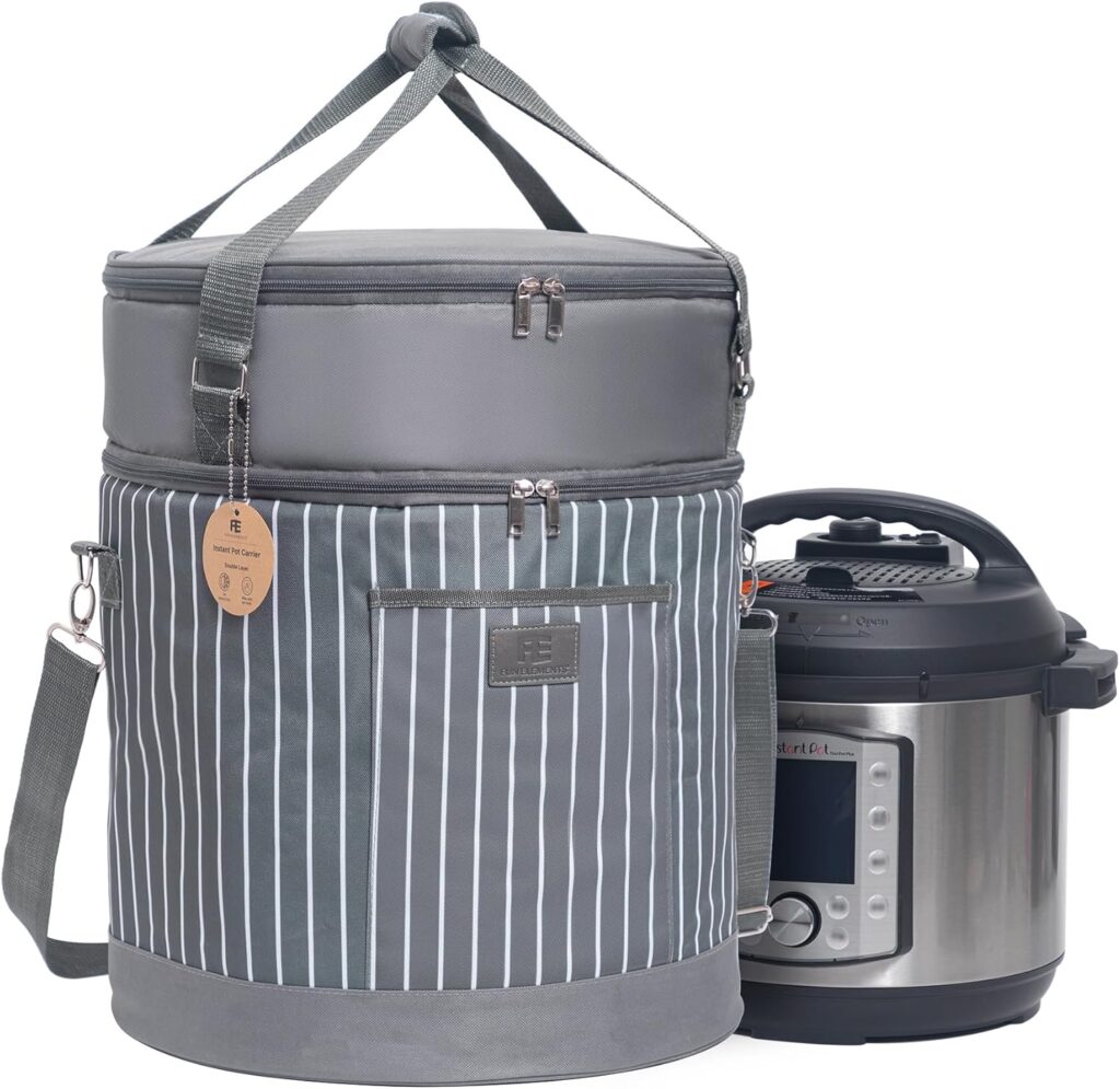 Fun Elements Double Layer Carrier Bag for 8 Quart Instant Pot, Insulated Pressure Cooker Travel Bag with Support Pad and Removable Carrying Strap, Top Zip Compartment and Front Pocket for Utensils