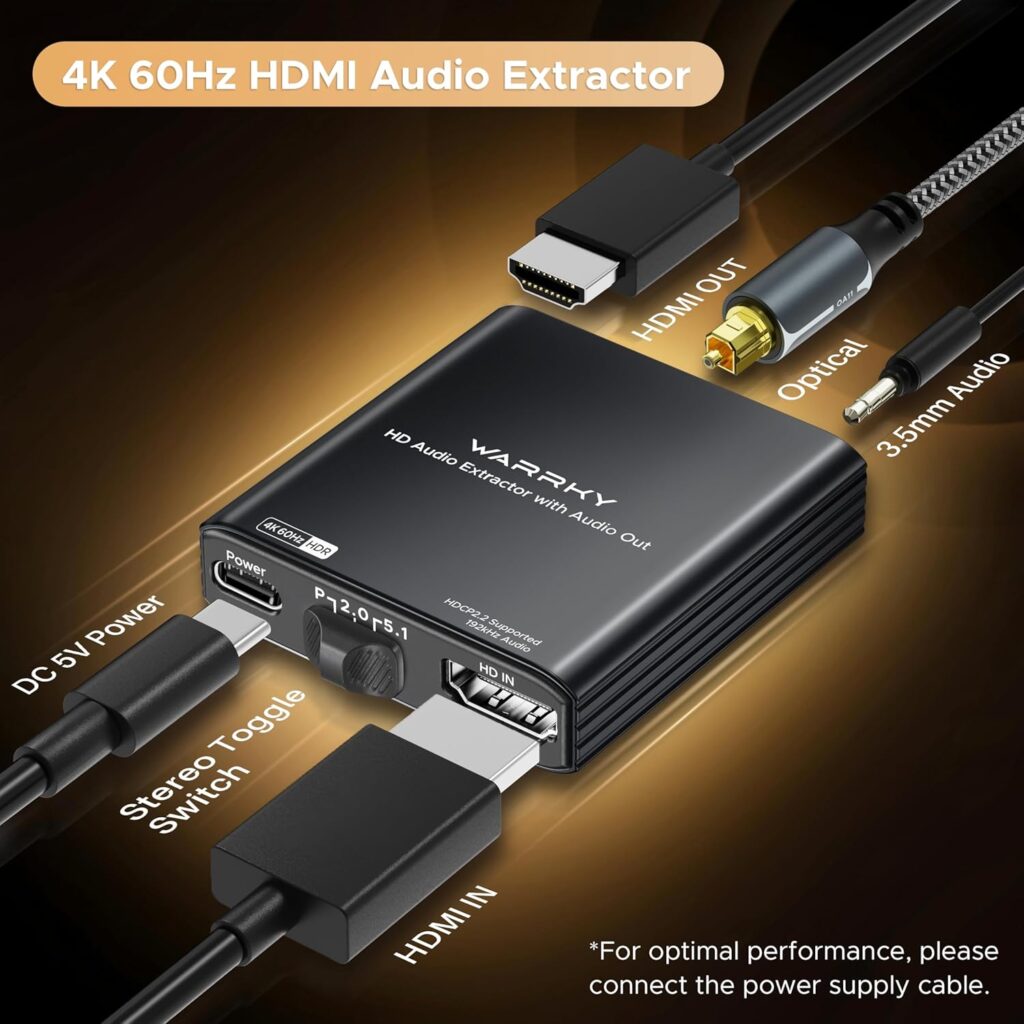 WARRKY 4K 60Hz HDMI Audio Extractor, Convert HDMI to Optical S/PDIF & 3.5mm Aux RCA, [Supports Dolby Atmos Digital Plus, DTS], for TV Fire Stick, Speakers, PS5, Blu-ray Player, Amplifier, Headphones