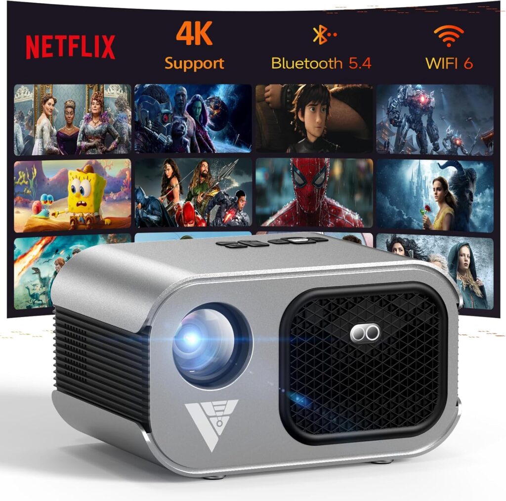 Mini Projector with WiFi and Bluetooth 4K Support, Native 1080P Portable Outdoor Smart Projector, Mirror Screen with Android/iOS/PC Compatible with PC/PS5/Phone/TV Stick – Black