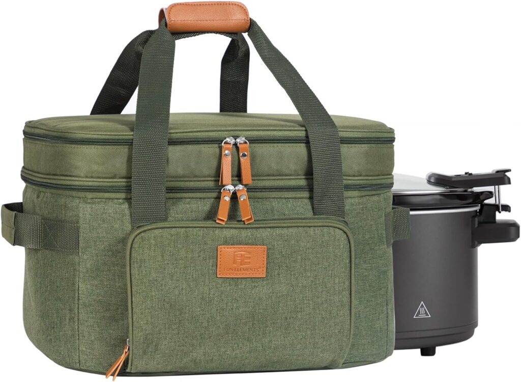 FUN ELEMENTS Double Layer Slow Cooker Carrying Bag for 6-8 Quart Oval CrockPot, Insulated Travel Carrier with Support Pad and Adjustable Straps, Top Zip Compartment and Front Pocket for Utensils,Green