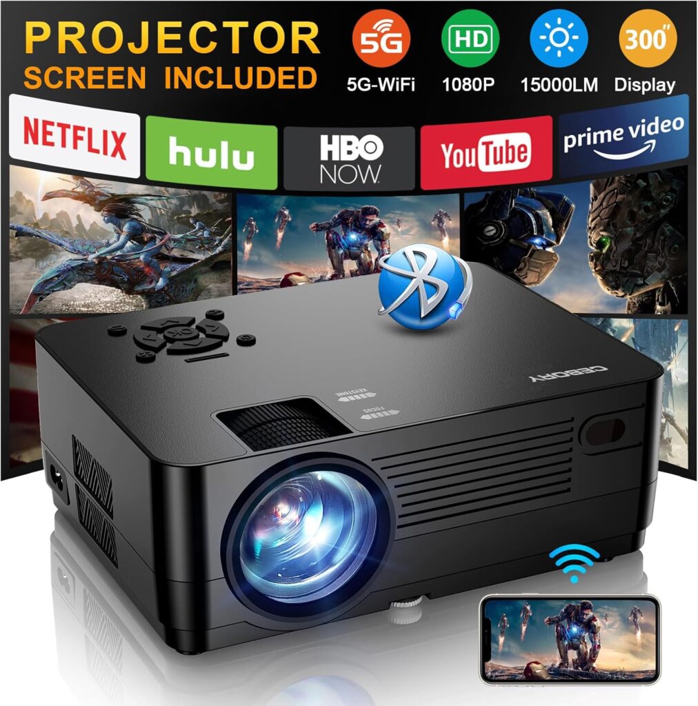 5G WiFi Bluetooth Native 1080P Projector[Projector Screen and Carrying Bag Included], CEBORY 15000LM Full HD Movie Projector,300″ Display 4k Home Video Projector,Compatible with HDMI/USB/PHONE/Laptop