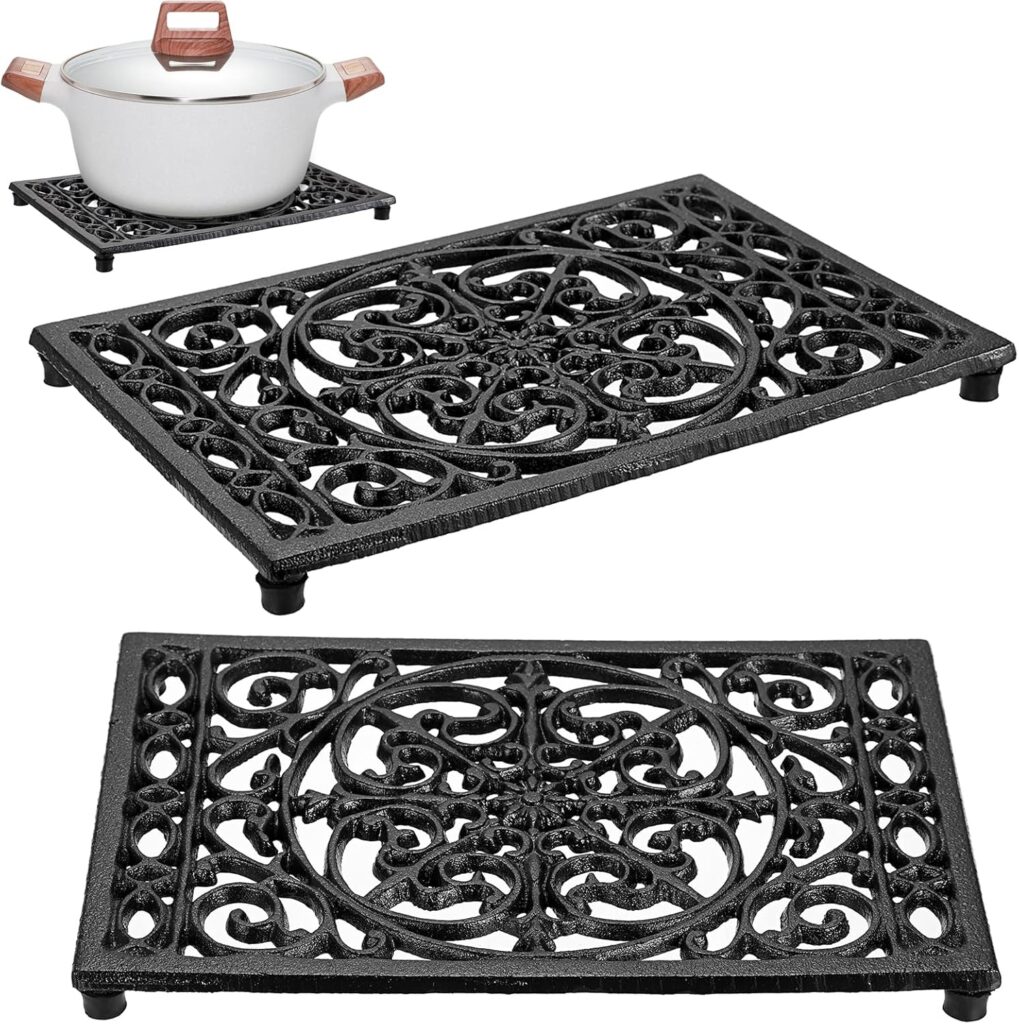 Sumnacon 2Pcs Rectangle Cast Iron Trivet – Heat Resistant Iron Trivet for Hot Dish Pot Pan Plate Teapot, Rustic Cast Iron Hot Dish Plate Holder for Kitchen Dining Table Countertop Cooktop
