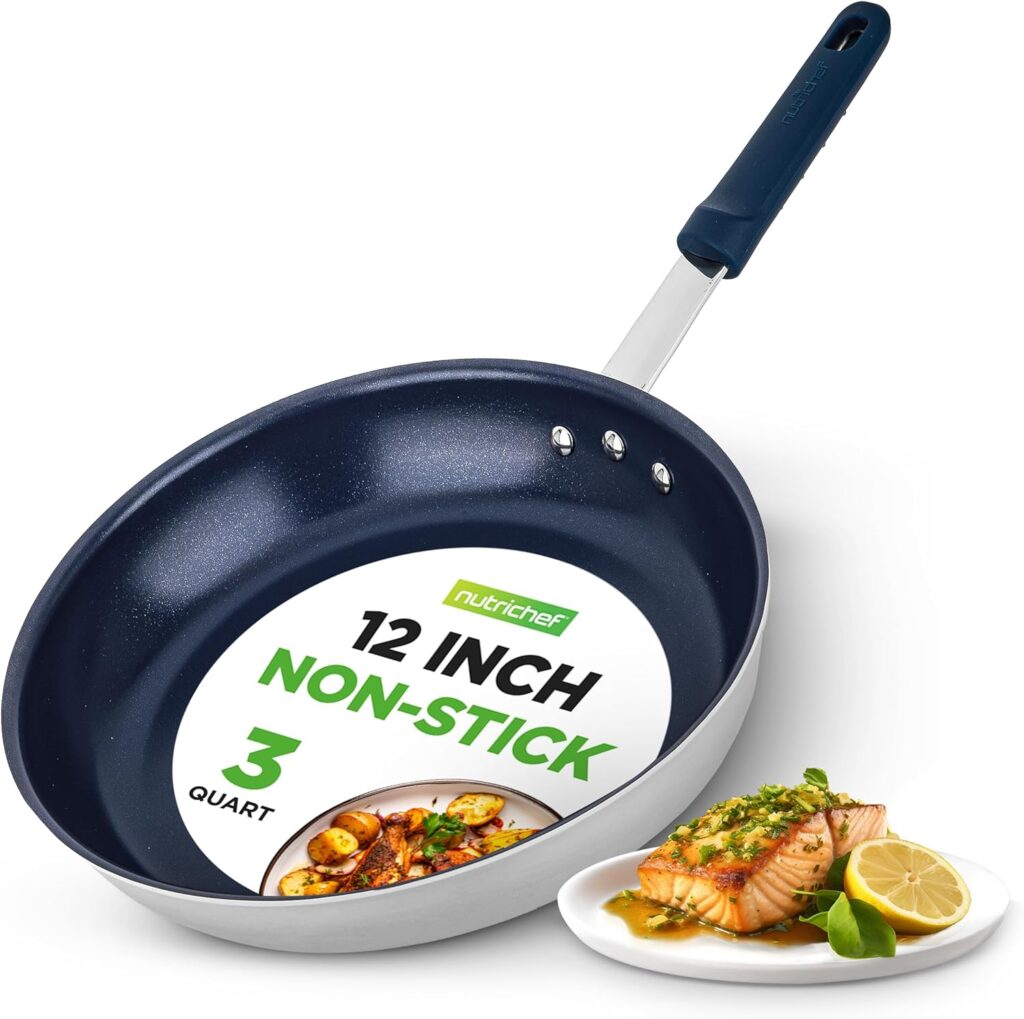 NutriChef f 12″ Large Fry Pan – Large Skillet Nonstick Frying Pan with Silicone Handle, Ceramic Coating, Blue Silicone Handle, Stain-Resistant, And Easy To Clean, Professional Home Cookware