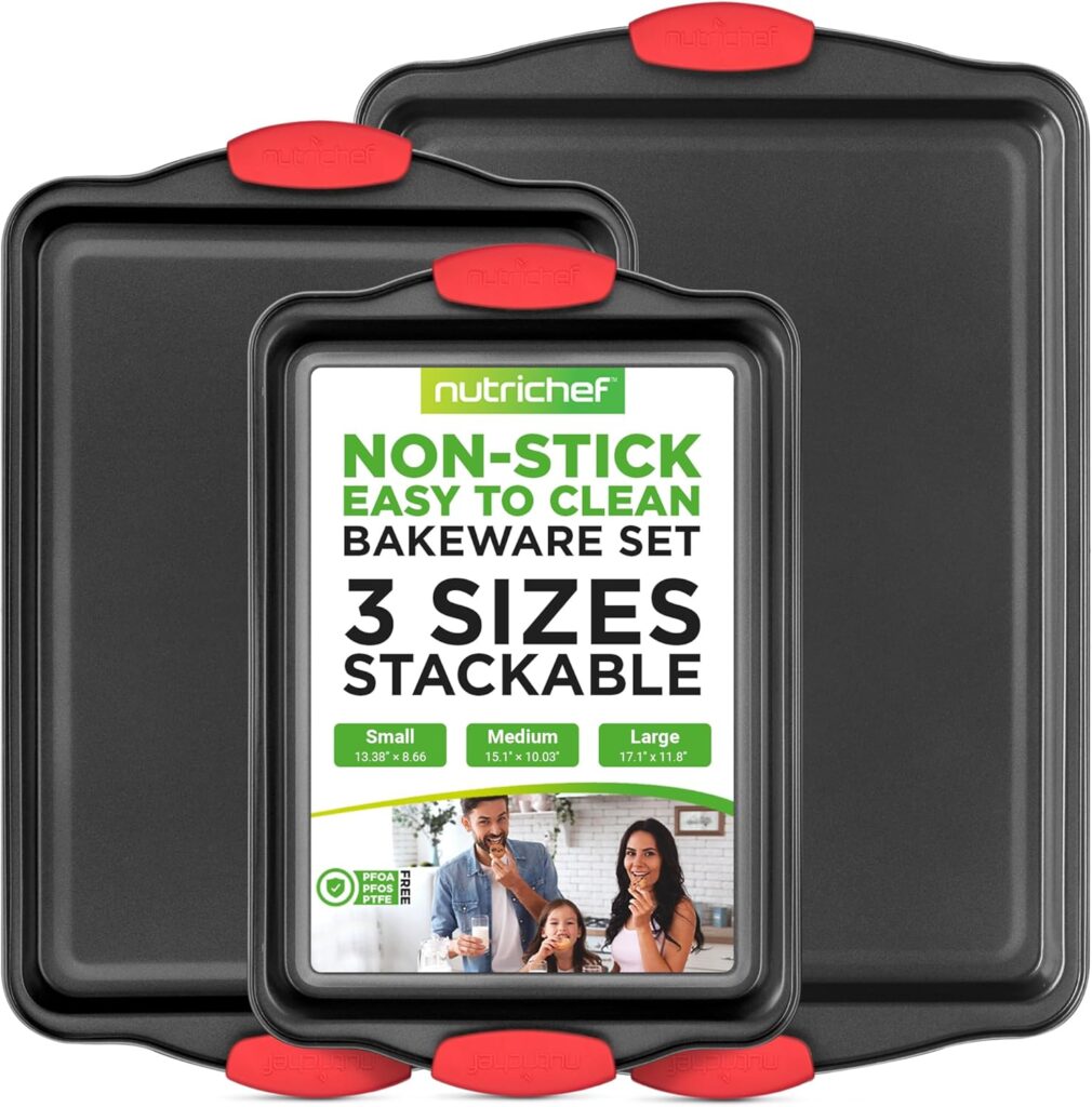 NutriChef 3-Piece Nonstick Kitchen Oven Baking Pans – Premium & Stylish Non-Stick Steel, Commercial Grade Restaurant Quality Metal Bakeware with Red Silicone Handles – Easy to Clean, NCSBS3S