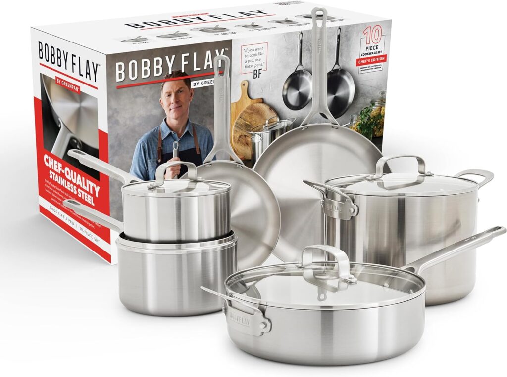 GreenPan x Bobby Flay 10 Piece Stainless Steel Cookware Set, Tri-Ply Multiclad Pots & Pans, Professional Grade, Oven & Broiler Safe to 600°F, Dishwasher Safe, Durable, Induction Compatible, Silver