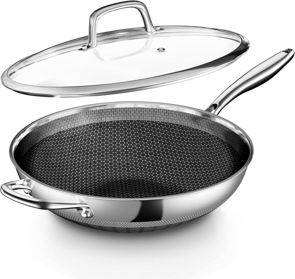 Wok Pan, 13-Inch Stainless Steel Woks & Stir-Fry Pans Nonstick, Wok Pan with Lid for Induction, Electric, Gas, Halogen, All Stoves, Professional PFOA Free Cookware, Dishwasher & Fast Heat