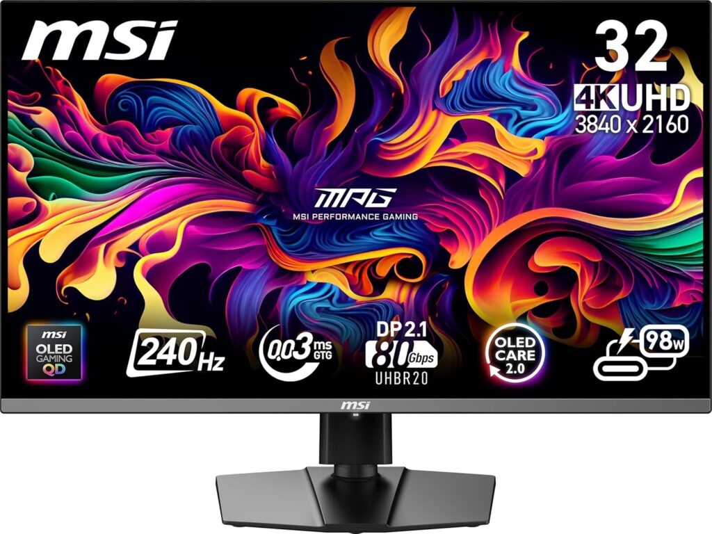 MSI MPG 322URX QD-OLED 32-inch 3840 x 2160 (UHD) Computer Monitor, 240Hz, Adaptive-Sync, HDMI, DP Port, VESA Mountable, Tilt, Speaker, 0.03ms, Black