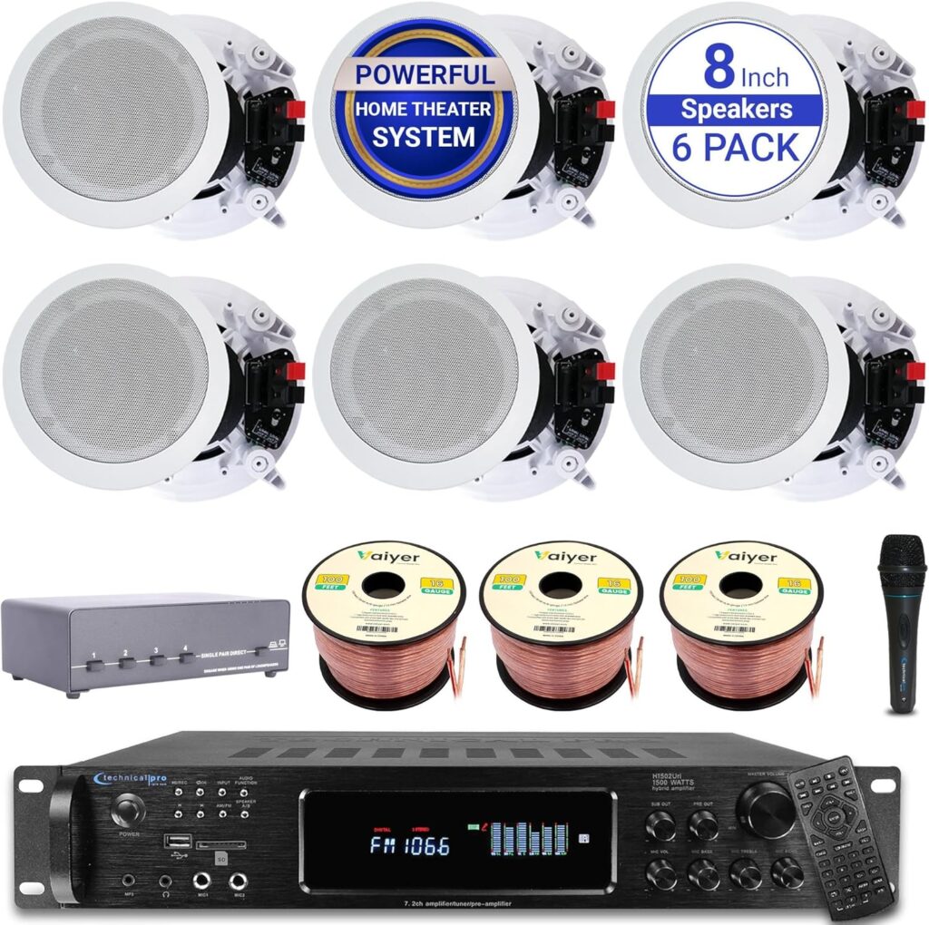 Sound System Kit – 7.2 Channel 1500 Watts Bluetooth Amplifier w/ 6 Qty of 8″ Framed Ceiling Speakers 300 W Each, Mic, 4-Ch Speaker Selector, 16 AWG 300 ft Speaker Wire & Remote by Vaiyer