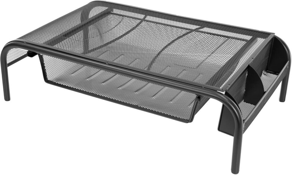 Mount-It! Metal Mesh Monitor Stand with Drawer, Ergonomic Desk Organizer and Riser for Monitors and Laptops, Desktop Stand with Extra Storage and Side Pocket, Black