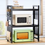 Expandable Microwave Stand, Heavy Duty 3-Tier Adjustable Microwave Oven Rack Shelf with 8 Hooks & 2 Holders, Space-saving Kitchen Counter Shelf for kitchen organizers and storage, 200lbs Capacity