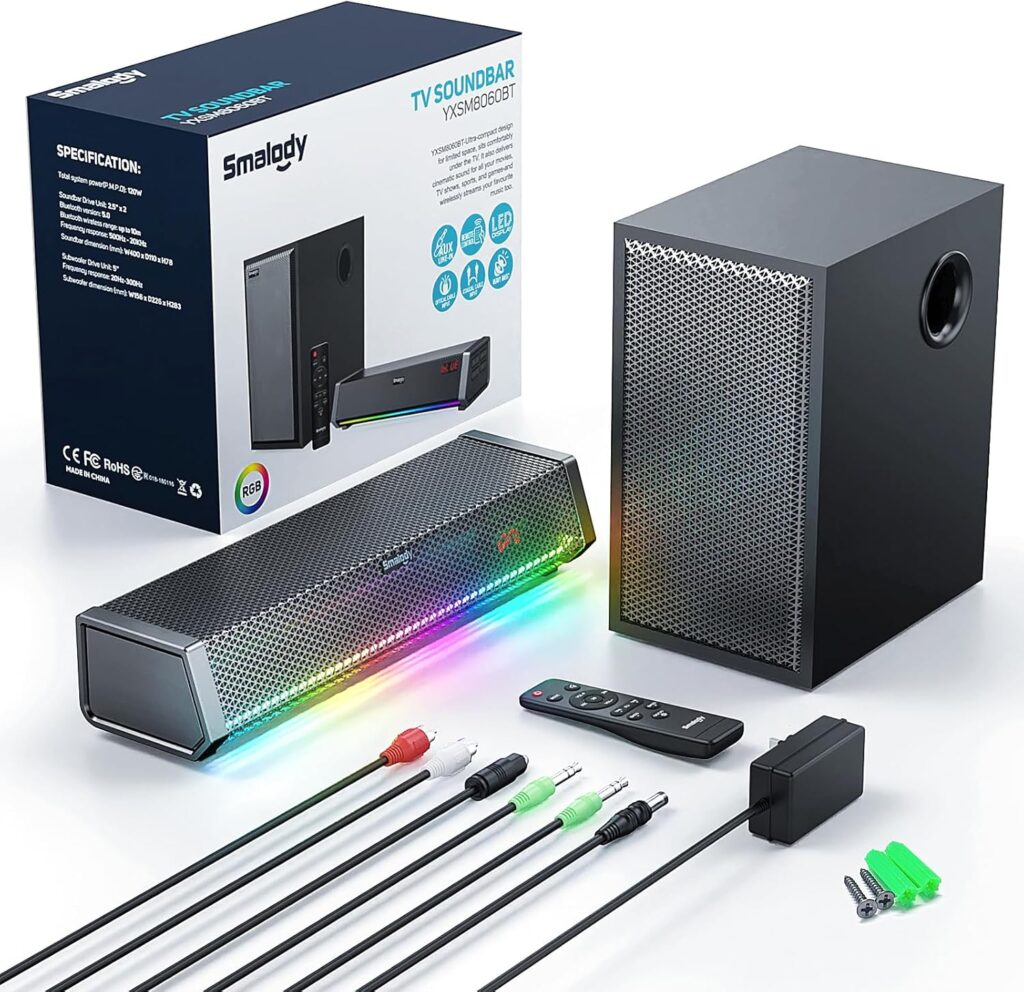 Smalody TV Speakers, Home Theater Speaker Wireless Audio Sound Bar TV Speaker + Bass Subwoofer, Bluetooth Enabled/Optical/AUX/COAXIAL Inputs/Remote Control