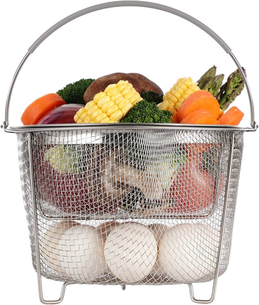 AOZITA Steamer Basket for Instant Pot Accessories 6 qt or 8 quart – 2 Tier Stackable 18/8 Stainless Steel Mesh – Silicone Handle – Vegetable Steamer Insert, Egg Basket, Pasta Strainer,Silver