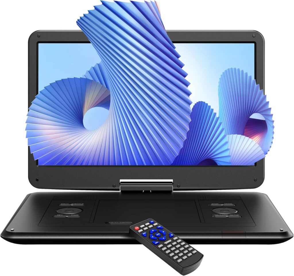 17.5″ Portable DVD Player with 15.6″ HD Swivel Screen, 6 Hours Rechargeable Battery, Supports USB/SD/TV Sync and Multiple Disc Formats, Dual Stereo Speakers, Car Charger, Remote Control (No Blu-Ray)