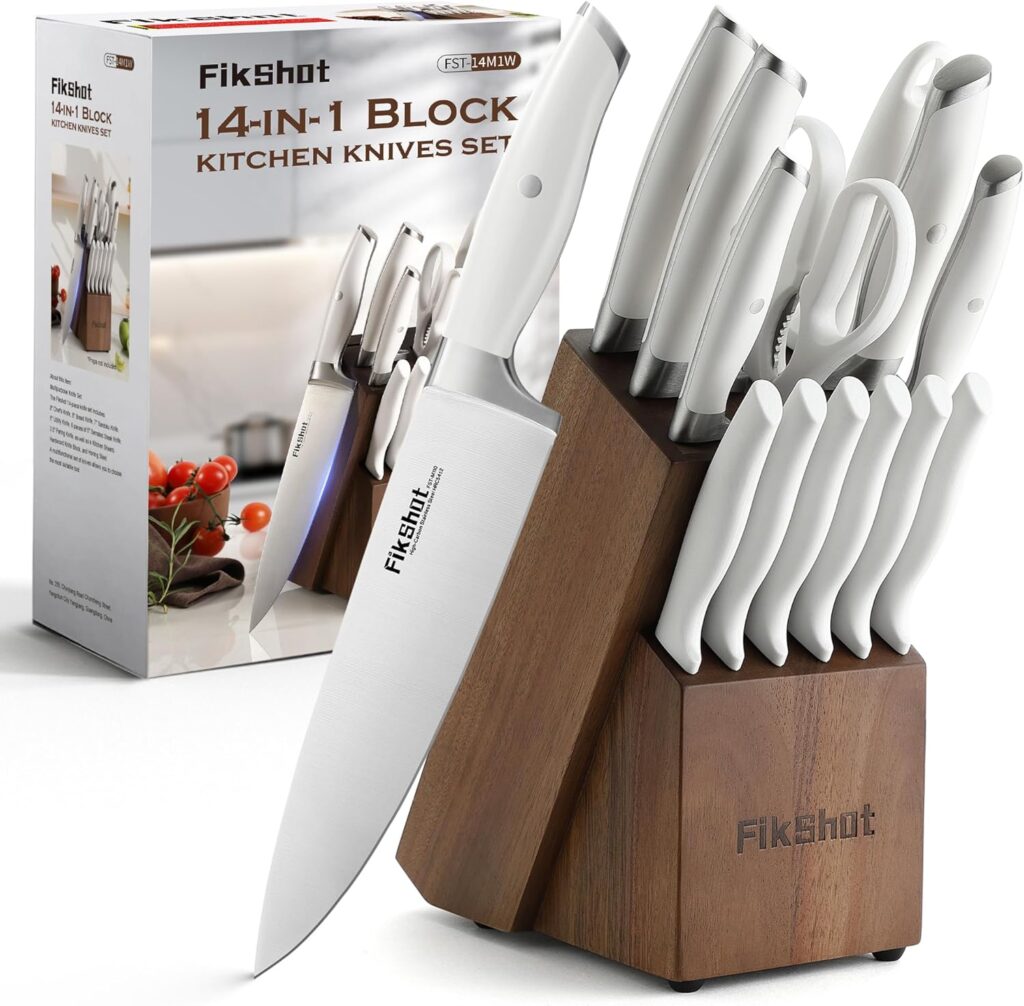Knives Set for Kitchen, FIKSHOT 14PCS Kitchen Knife Set with Block, High Carbon Stainless Steel Full Tang Knife Sets Razor-Sharp Blade Professional Chef’s Knife for Housewarming (WHITE)