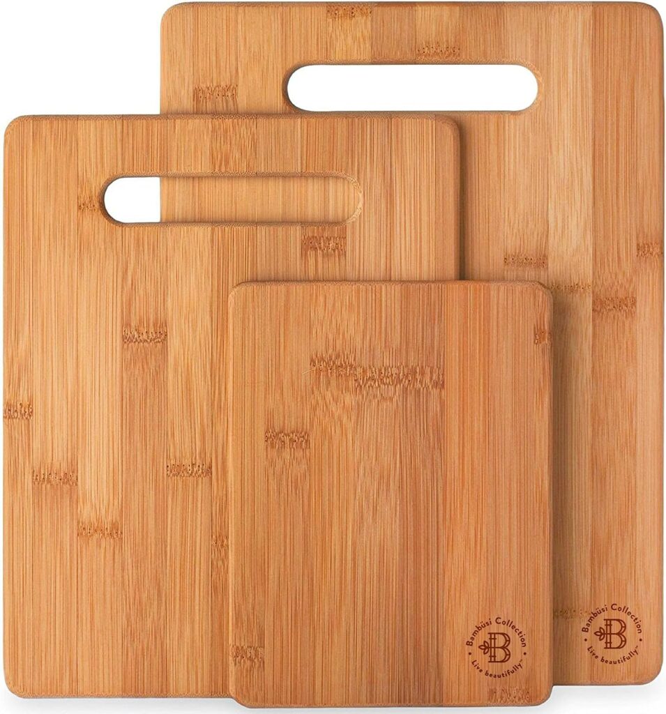 3-Piece Bamboo Cutting Board Set – Wood Cutting Boards for Kitchen, Chopping Meat, Vegetables, Fruits & Cheese – Reversible, Knife-Friendly Serving Trays with Handles, Eco-Friendly & Durable