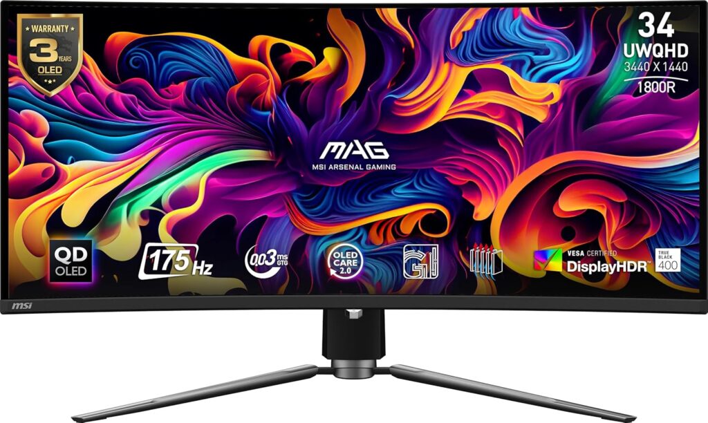 MSI MAG341CQP QD-OLED, 34 Curved OLED Gaming Monitor, 3440 x 1440 (UWQHD), 0.03ms Response time, 175Hz, True Black HDR 400, HDMI, DP Port, USB Type C, Tilt, Height, Black