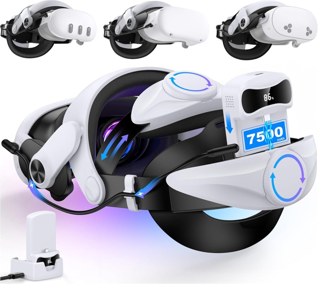 Head Strap for Quest 3/3S & Quest 2 with 15000 mAh Battery, Comfor VR Accessory with 2 Adjustable Knobs to Adjust for Head Fit, Elite Strap with Battery & Charging Station for Extended 7H of Playtime