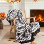 CASAAGUSTO Boho Throw Blanket – Black and White Decorative Blankets with Tassel, Printed Flannel Bohemian Blanket for Chair, Bed, Sofa, Couch(50 * 60, Black and White)