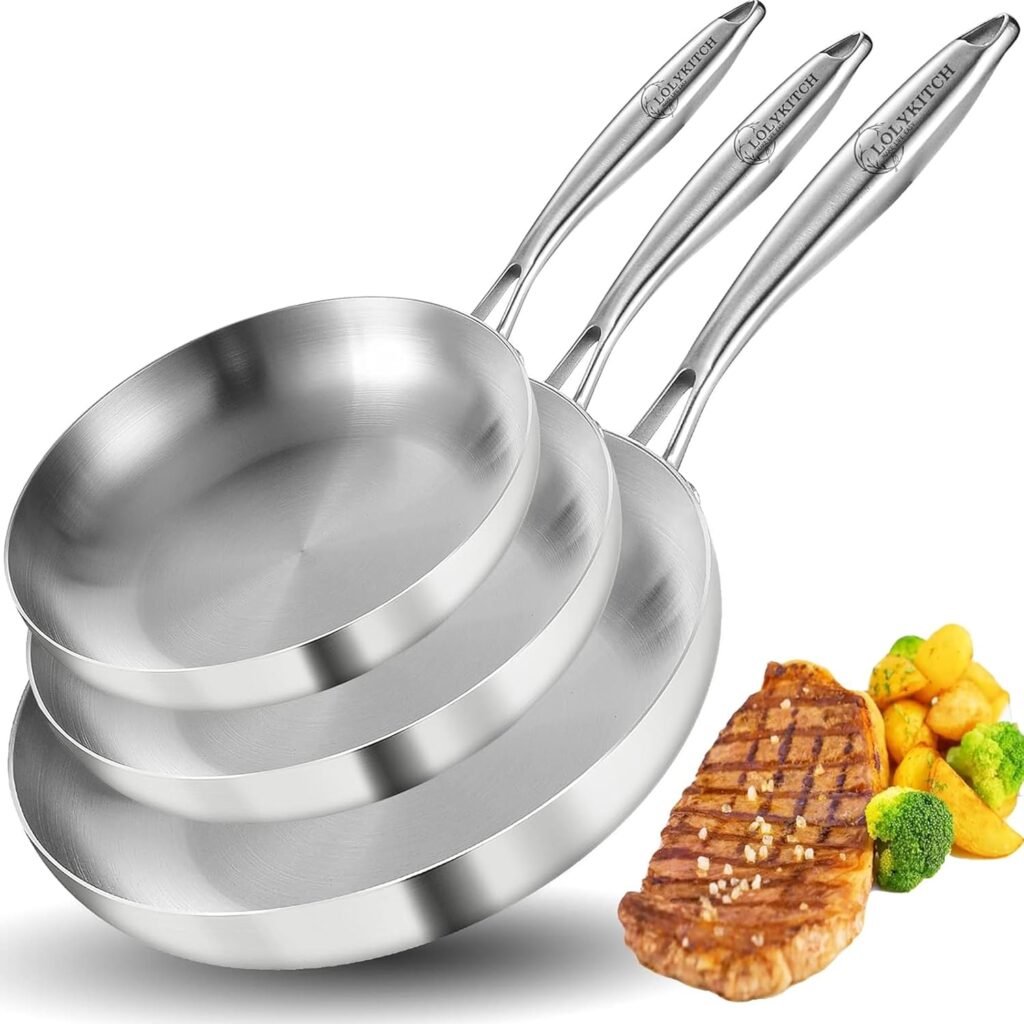 LOLYKITCH 8-10-12 Inch Tri-Ply Stainless Steel Frying Pan Set of 3,Chef’s Pans,Skillets,Induction Cookware,Pots and Pans Set,Dishwasher and Oven Safe.