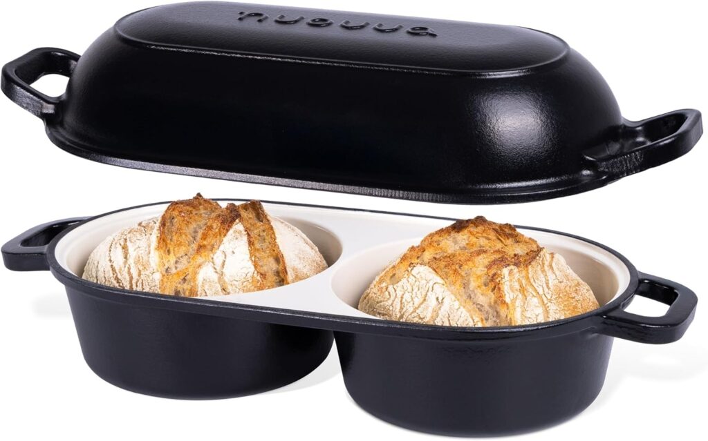 Dutch Oven for Sourdough Bread Baking – Enamelled Cast Iron Bread Loaf Pot – 500°F Oven Safe Non Stick Bread Pot – Double Round Loaf Space, 16.5cm Diameter, Black, – by Nuovva