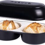 Dutch Oven for Sourdough Bread Baking – Enamelled Cast Iron Bread Loaf Pot – 500°F Oven Safe Non Stick Bread Pot – Double Round Loaf Space, 16.5cm Diameter, Black, – by Nuovva