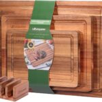 Acacia Wood Cutting Board,Solid Wood Cutting Board for Kitchen with Holder with Deep Juice Grooves & Built-in Handles, Durable Wooden Chopping Board Set of 3 for Meat, Vegetables and Fruits