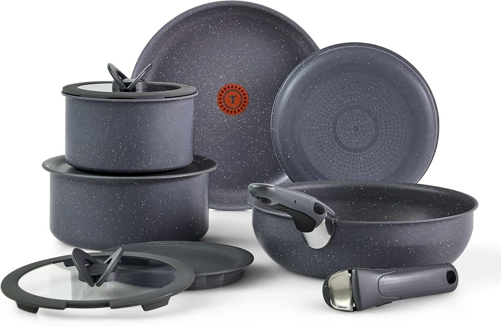 T-fal Ingenio Essentials Cookware Set with Detachable/Removable Handle 11 Piece, Granite Titanium Non Stick, Oven Broiler Safe 500F, Stackable, Pots and Pans Set, Frying Pans, Dishwasher Safe, Gray
