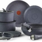 T-fal Ingenio Essentials Cookware Set with Detachable/Removable Handle 11 Piece, Granite Titanium Non Stick, Oven Broiler Safe 500F, Stackable, Pots and Pans Set, Frying Pans, Dishwasher Safe, Gray