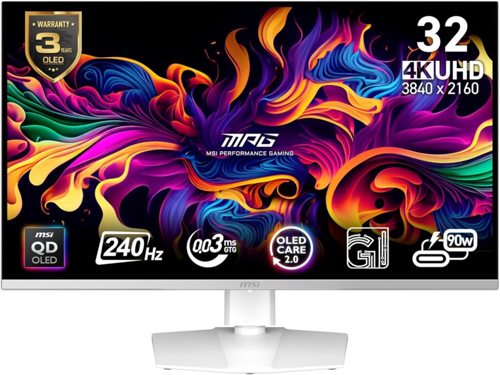 MSI MPG 321URXW QD-OLED 32-inch 3840 x 2160 (UHD) Computer Monitor, 240Hz, Adaptive-Sync, HDMI, DP Port, VESA Mountable, Tilt, Speaker, 0.03ms, White