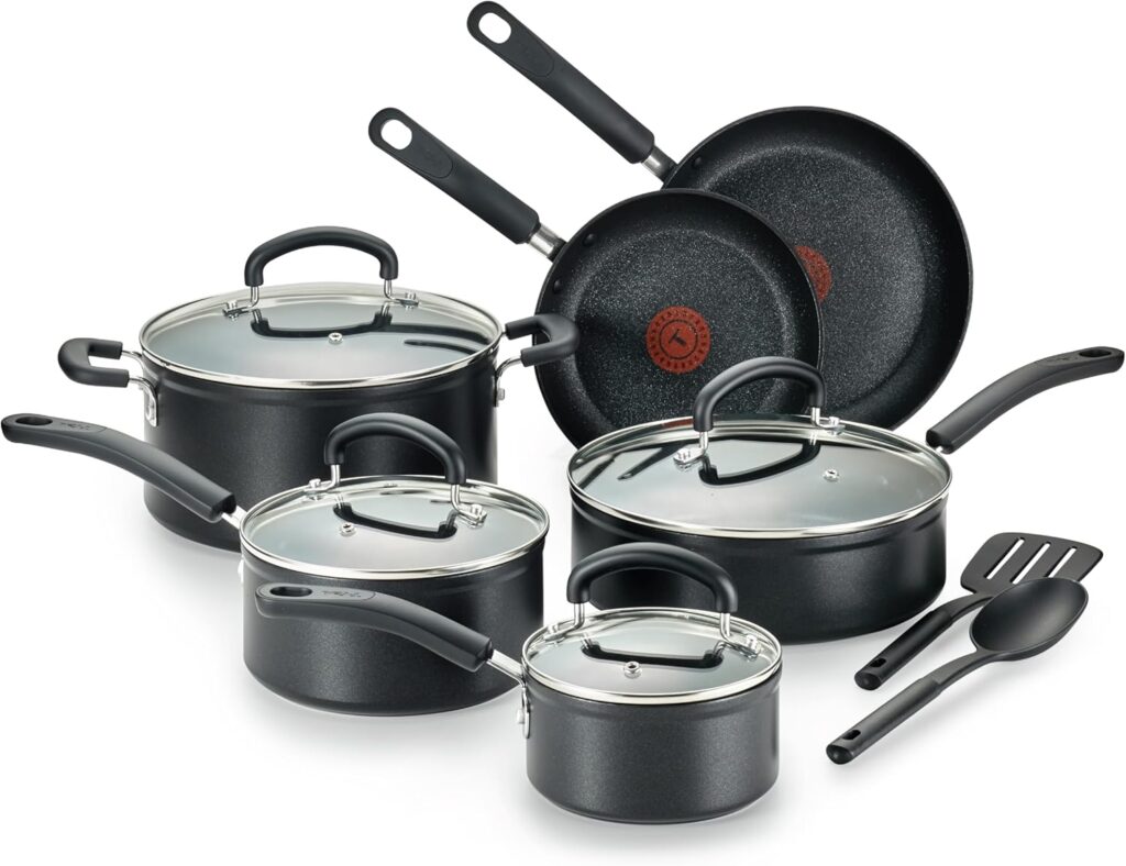 T-fal Advanced Nonstick Cookware Set 12 Piece, Oven Broiler Safe 350F, Kitchen Cooking Set W/Fry Pans, Saucepans, Deep Saute, Dutch Oven & Kitchen Utensils, Pots and Pans, Dishwasher Safe, Black