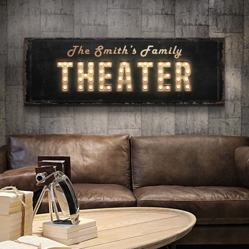 Tailored Canvases Theater Wall Decor – Personalized Movie Cinema Art Print Canvas for Studio Room Accessories, Home Media Room, Entertainment Hall, Living Room, Lounge Area – Theater in Rustic Design