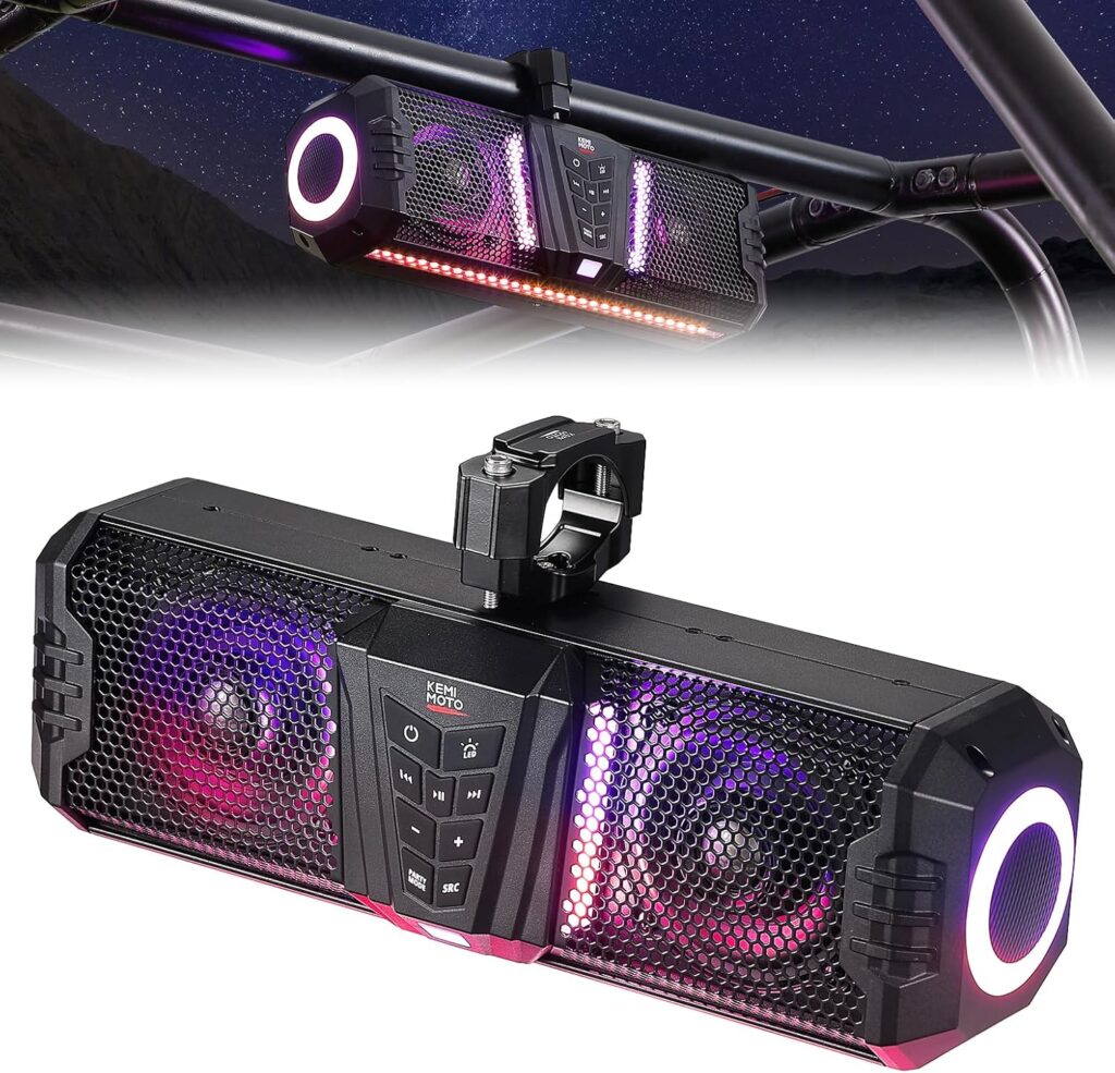 KEMIMOTO Midnight 40 16-inch IP66 Waterproof UTV Sound Bar, Louder RGB 2-Speaker Audio Music Sync Multicolor Light Sound System with Bluetooth for UTV ATV Golf Cart Boat w/1”-2” Roll Bar, Black