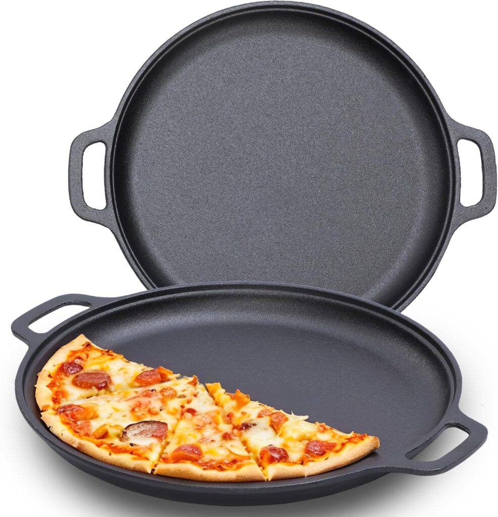 14-Inch Cast Iron Pizza Griddle Pan, Heavy-Duty, Extra-Lightweight Design – Even Heat for Outdoor Grilling, Family Dinners Camping, Baking, Induction Stovetops